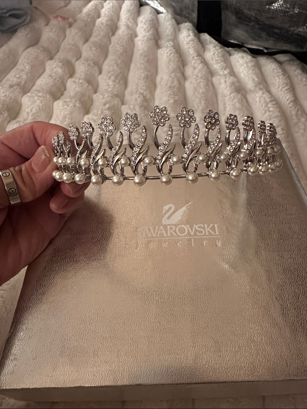 Swarovski Silver Crystal and Pearl Floral Tiara